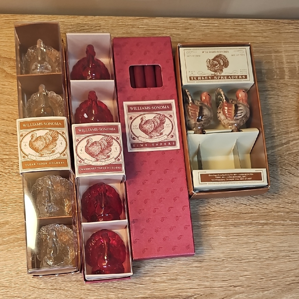 Williams Sonoma Holiday Turkey Candle & Taper Set + 2 Turkey Spreaders